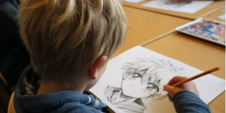 Enfant dessinant le personnage d'un manga